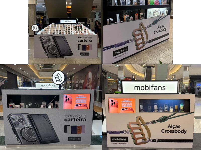 Quiosque Mobifans com placas Wallets e Crossbody aplicadas